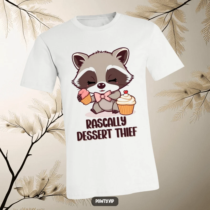 Funny t-shirt showing a mischievous raccoon wearing a small bow tie, expertly sneaking a cupcake, capturing a moment of sweet larceny.
