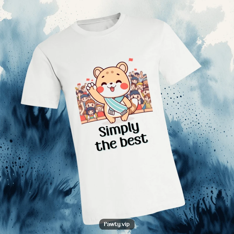Funny T-Shirt depicting a cute animal wearing a tiny sash, waving enthusiastically at a jubilant cheering crowd. Expressing pride and accomplishment humorously.