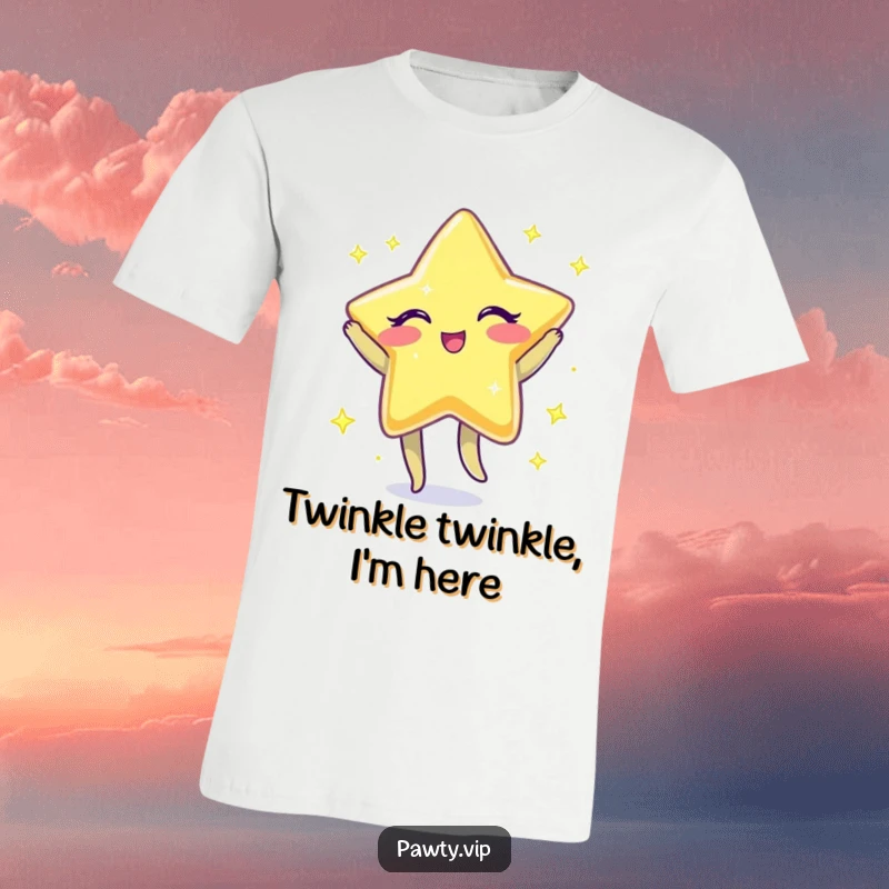 Funny T-Shirt showcasing a sparkly star character winking and performing a little jig, full of energy and happiness.