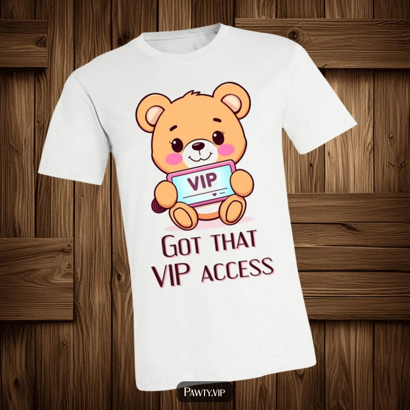 Funny T-Shirt with a happy teddy bear character clutching a glowing VIP pass, looking ready for a fantastic event.