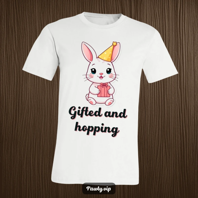 Funny rabbit wearing a party hat and holding a gift box on a t-shirt, looking ready for humorous celebration.
