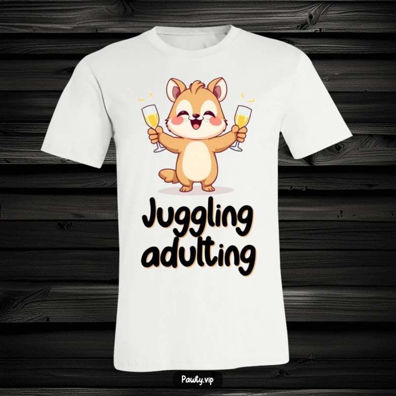 Funny animal character gleefully juggling multiple champagne flutes, printed on a t-shirt for festive occasions.