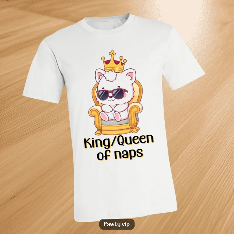 Funny kawaii animal wearing a crown and sunglasses, relaxing on a miniature throne, printed on a t-shirt.