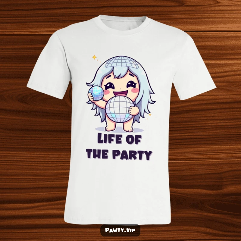 Funny t-shirt of a cheerful character holding a sparkling disco ball, embodying the spirit of celebration and laughter.