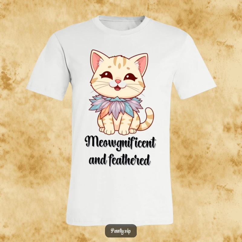 Funny t-shirt with a giggling cat character sporting a tiny but flamboyant feather boa necklace, looking incredibly pleased.