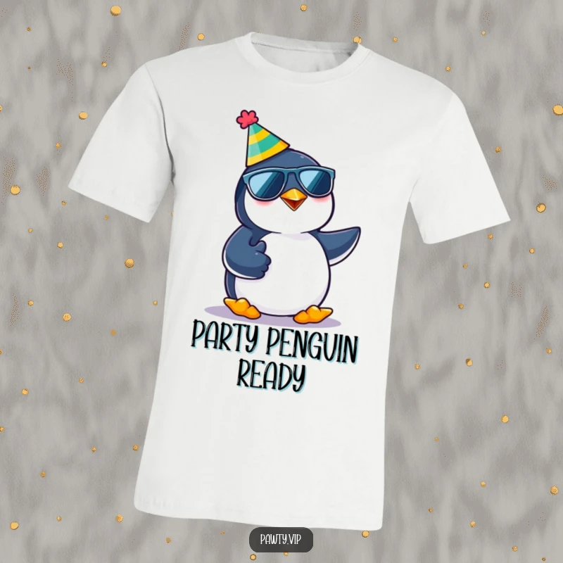 Funny kawaii penguin character in party attire and sunglasses, giving a thumbs up, a humorous and stylish graphic tee.