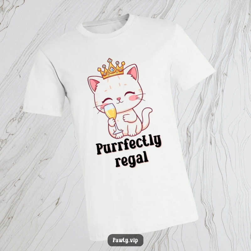 Funny Kawaii cat wearing a sparkling crown and holding a champagne flute, printed on a stylish and fun t-shirt.
