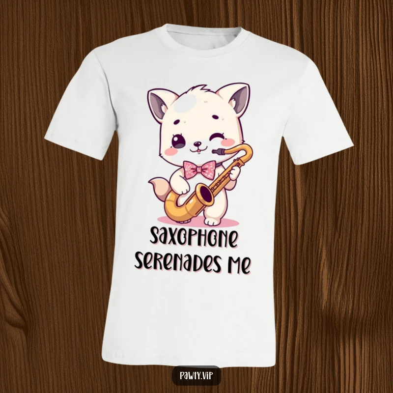 Funny kawaii animal character wearing a sparkly bowtie, playing a saxophone with flair on a funny t-shirt.
