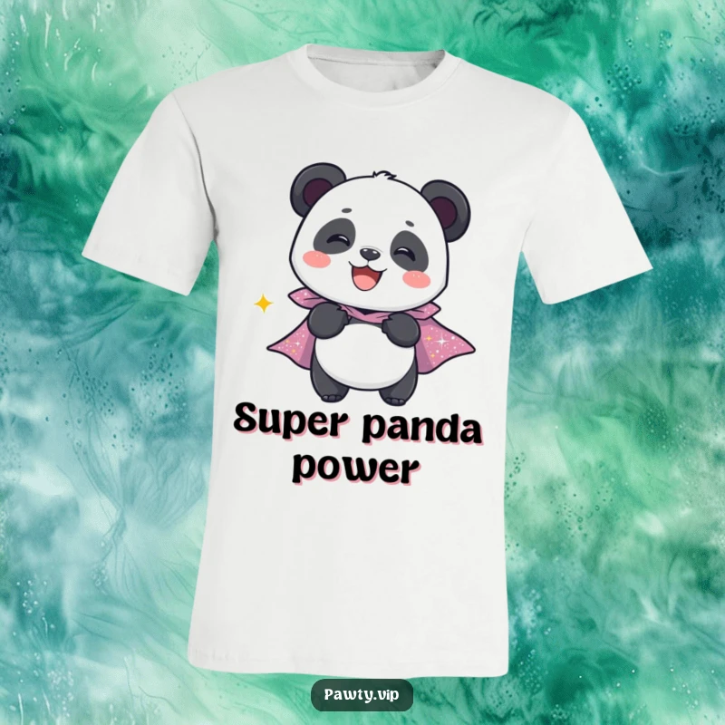 Funny t-shirt featuring a giggling panda character wearing a dazzling sparkly cape, looking ready to save the day.