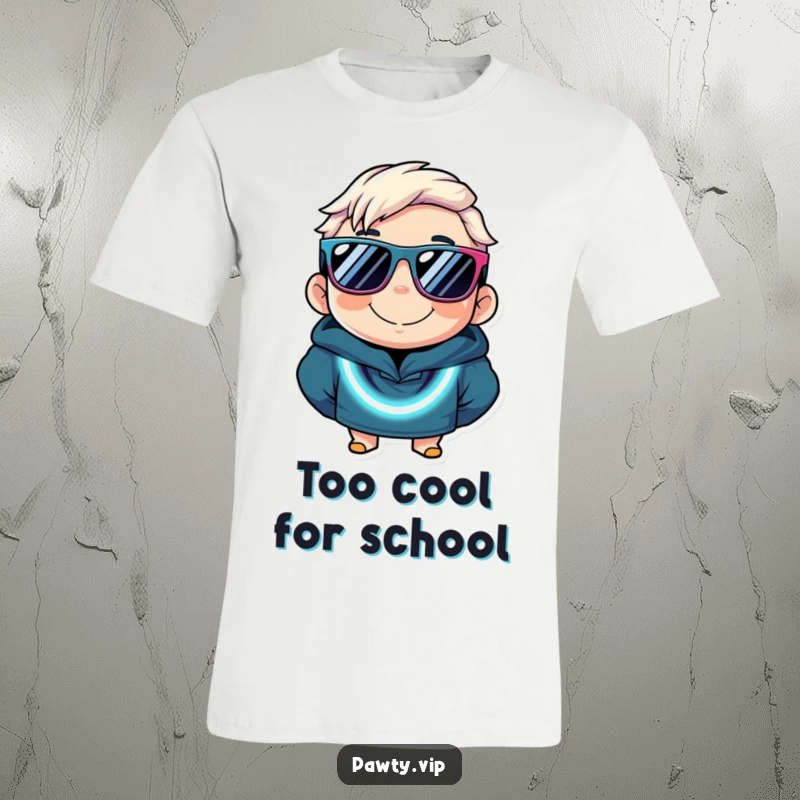 Funny t-shirt featuring a smiling character rocking oversized sunglasses and a glowing neon necklace, embodying pure fun.