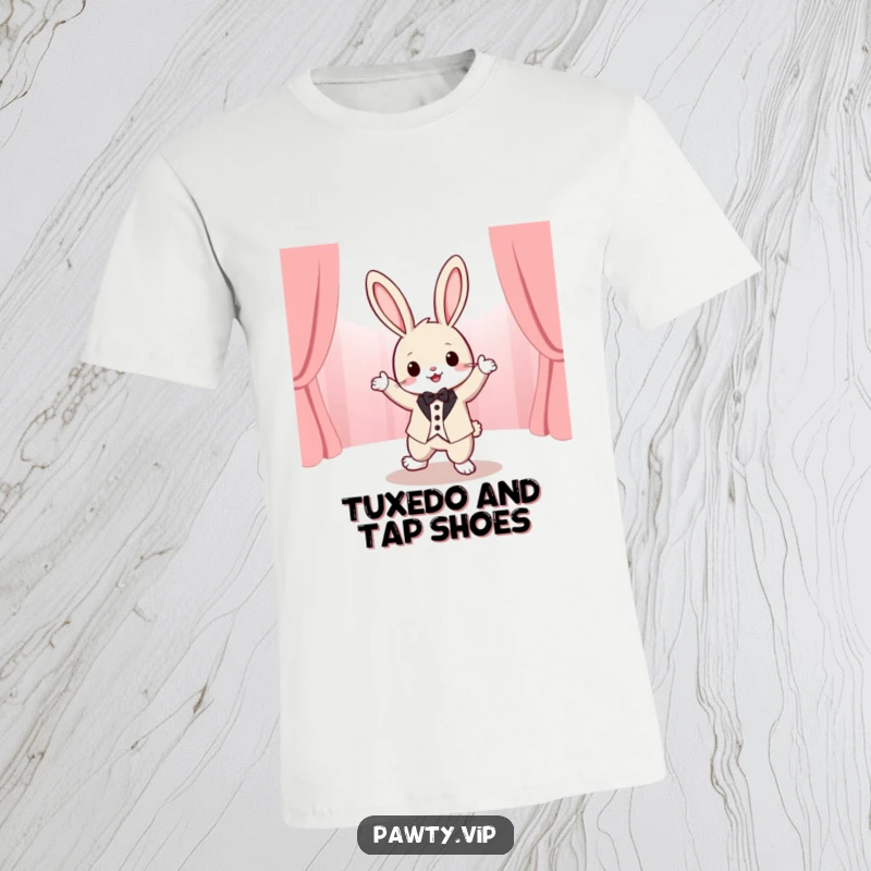 Funny tuxedo rabbit character in a small tuxedo joyfully dancing energetically on a stage, a humorous and cute graphic tee.