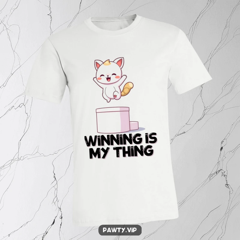 Funny kawaii animal character jumping onto a podium and striking a victorious pose on a funny t-shirt.