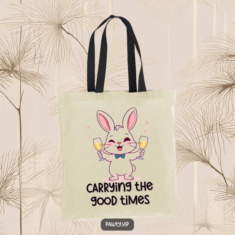 Funny Juggling Rabbit Tote Bag showcasing a rabbit juggling champagne glasses with a mischievous grin, perfect for carrying fun.