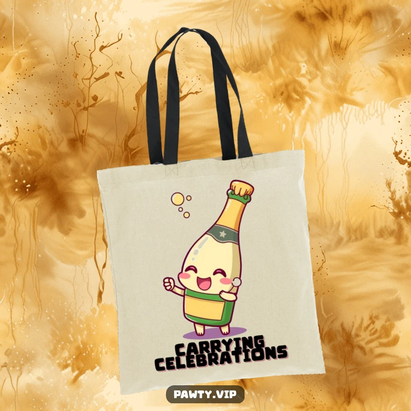 Funny champagne bottle character popping its cork with a joyful expression, on a tote bag, great for carrying party essentials with a festive flair.