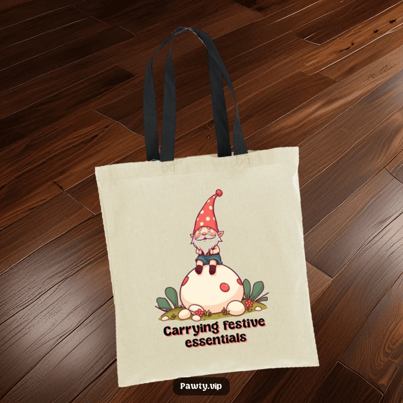 Funny Tote Bag with a cheerful gnome in a party hat riding a giant mushroom, ideal for carrying essentials.
