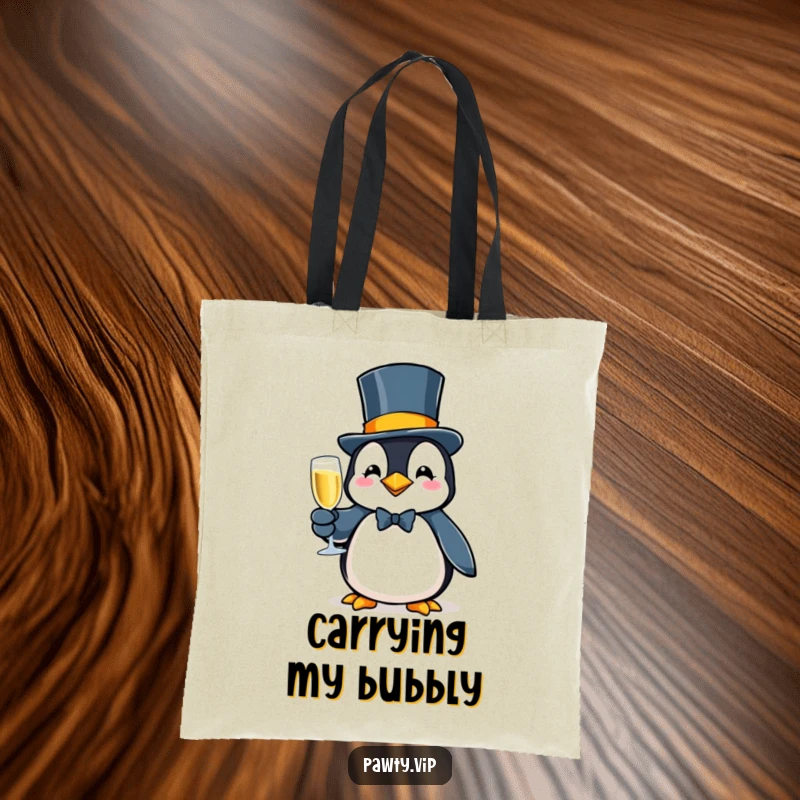 Fancy penguin wearing a top hat, holding bubbly, a humorous and sophisticated tote bag design.