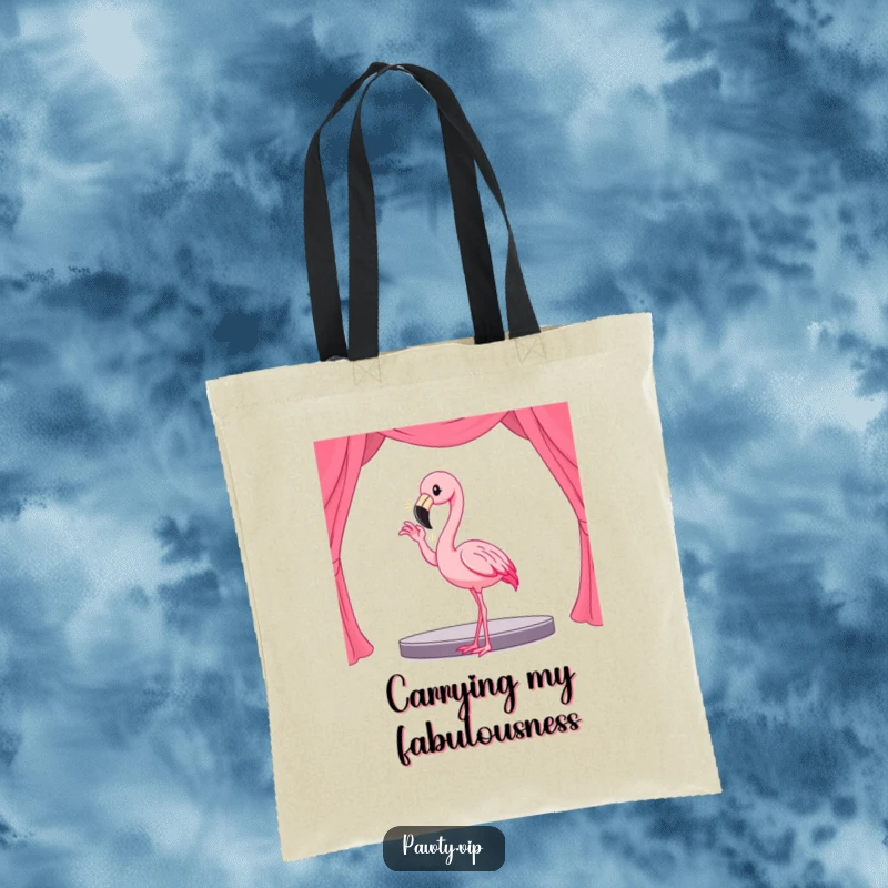 Funny Kawaii flamingo character striking a dramatic pose on a tote bag, ready for any stage.