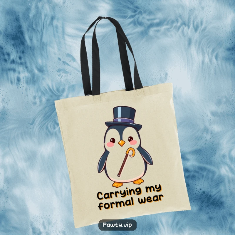 Funny tote bag featuring a stylish penguin character holding a tiny top hat and cane, ideal for carrying daily essentials.