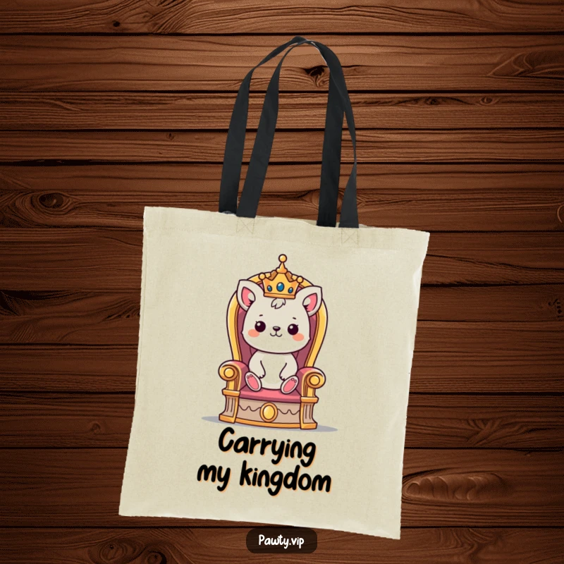 Funny tote bag with a cute crowned animal character sitting regally upon a majestic throne, ready for errands.
