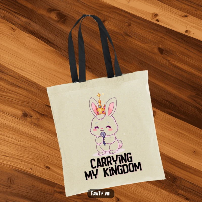 Funny fluffy bunny with a sparkly crown and microphone, on a tote bag, ready to carry all the necessities for a music-loving star.