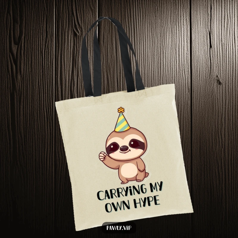 Funny Tote Bag: A trendy sloth wearing a party hat humorously raises a tiny fist, designed for carrying essentials with slow-motion flair.