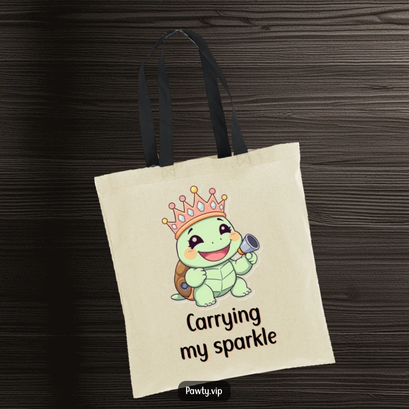 Funny giggling turtle wearing a glittery crown and holding a noisemaker, on a tote bag, great funny gift.