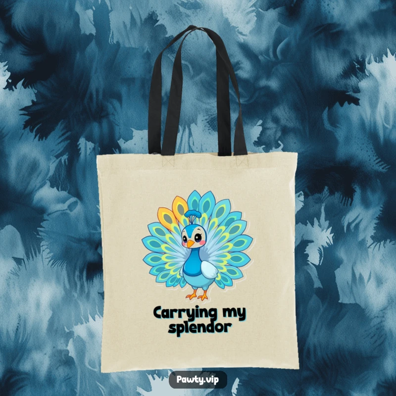 Funny peacock tote bag, a chic tote with a proud peacock fanning its colorful tail feathers.