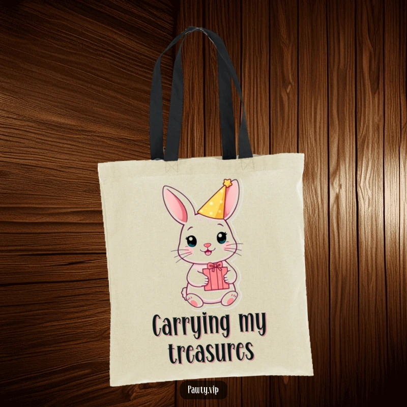 Funny rabbit with a party hat and gift box on a tote bag, perfect for humorous and festive carrying.