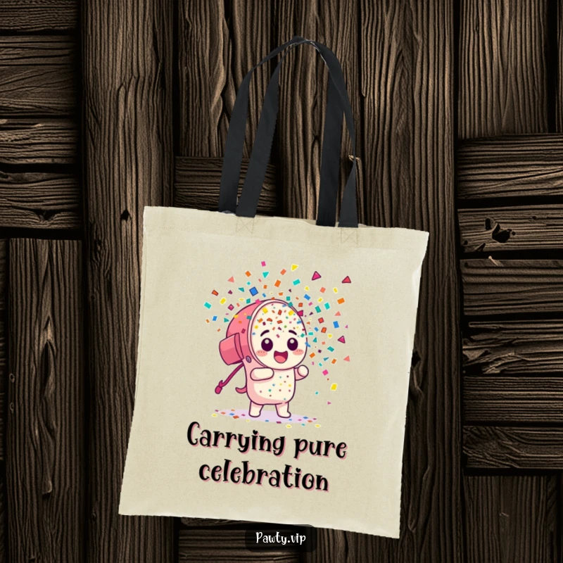 Funny Tote Bag: A confetti cannon character erupting with colorful pieces, ideal for carrying essentials with a splash of fun.