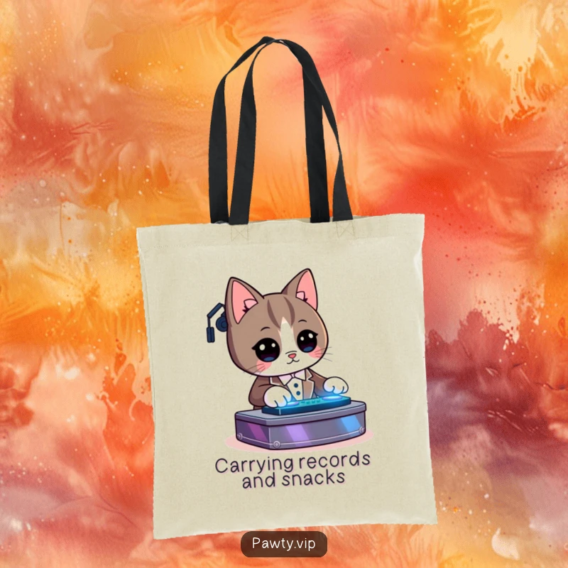 Funny Kawaii tuxedo cat character DJing on a tote bag, practical and stylish for music fans and cat lovers.