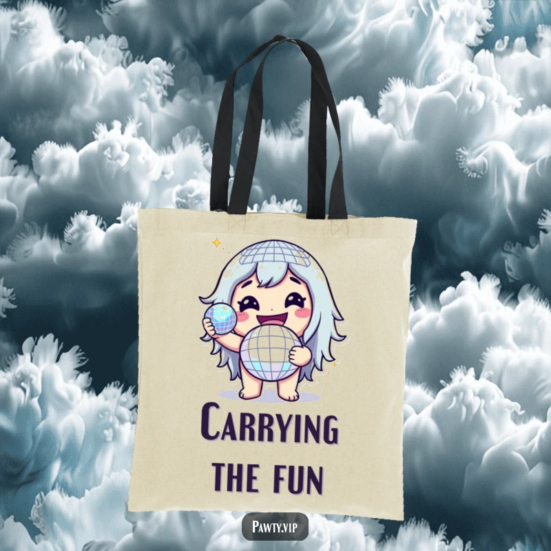 Funny tote bag with a cheerful character holding a glittering disco ball, perfect for carrying essentials with a smile.