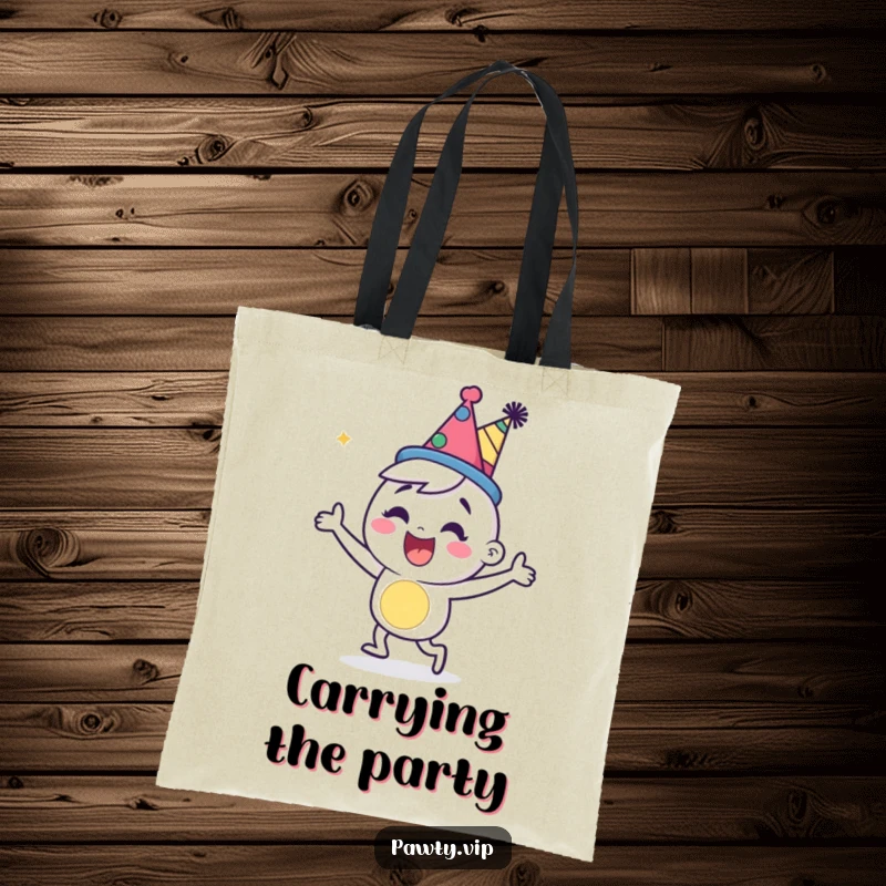 A happy cartoon character wearing a party hat, dancing energetically on a fun tote bag.