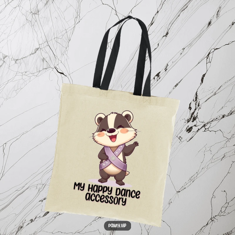 Funny Tote Bag: A giggling badger in a sparkly sash performs a silly dance, ideal for carrying essentials with a touch of playful celebration.