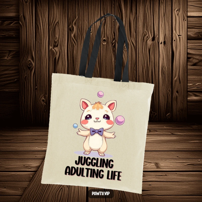 Funny Tote Bag showcasing a creature in a cute bow tie, skillfully juggling shiny spheres. A practical and humorous accessory for everyday use.