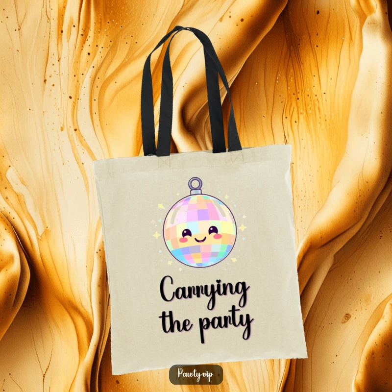 Funny smiling disco ball character spinning with colorful lights, on a tote bag, ideal for carrying party essentials with a vibrant and energetic style.