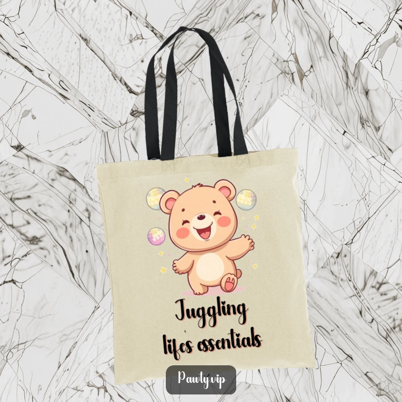 Funny kawaii bear character joyfully juggling disco balls, showcased on a durable tote bag for a humorous and stylish carry-all.