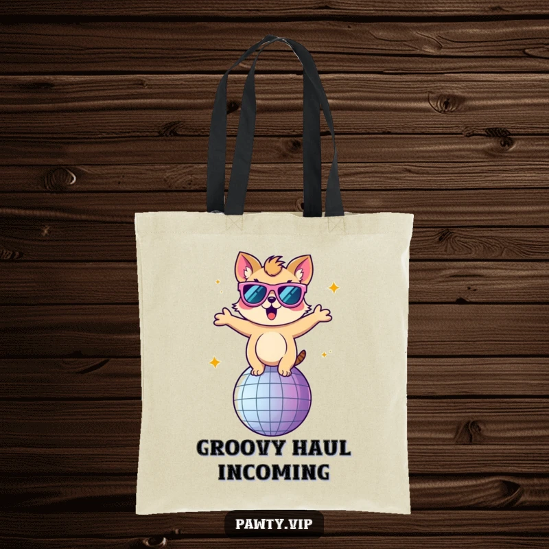 Funny tote bag with an animal character wearing oversized sunglasses, dancing dynamically on a disco ball.