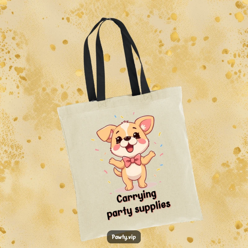 Funny Dog Tote Bag showcasing a dog in a bowtie dancing with confetti, ideal for carrying party essentials.