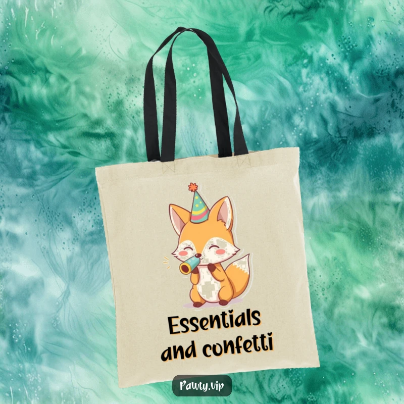 Funny fox in a party hat blowing a noisemaker, printed on a durable tote bag, perfect for everyday humor.