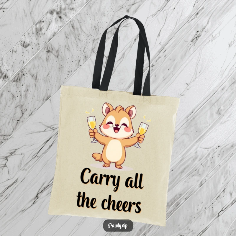 Funny animal character juggling champagne flutes, a festive and funny tote bag for celebrations.