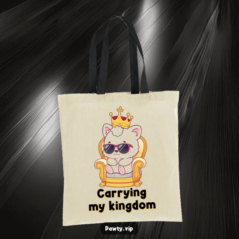 Funny kawaii animal wearing a crown and sunglasses on a miniature throne, a stylish and funny tote bag.