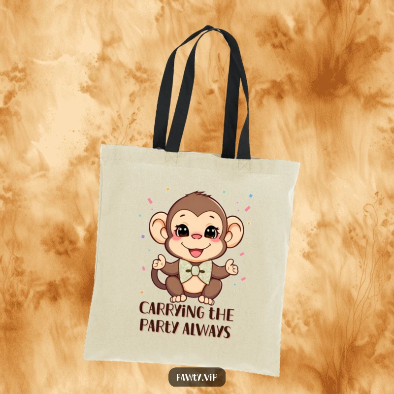 Funny Monkey Tote Bag: A dapper monkey in a sparkling bow tie throws confetti, a humorous and practical accessory.