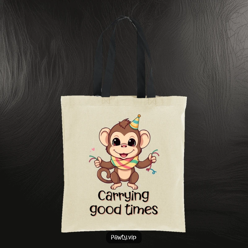 Funny monkey with a party streamer scarf slung mischievously, featured on a reusable tote bag, perfect for a funny gift.