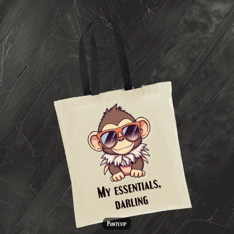 Funny monkey tote bag, a stylish monkey sporting sunglasses and a feather boa, great for shopping.
