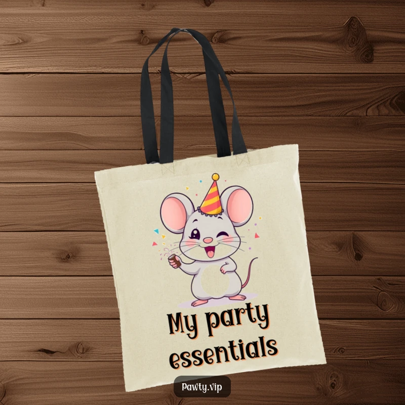 Funny mouse tote bag, a cheerful mouse with a party popper bursting with confetti, fun accessory.
