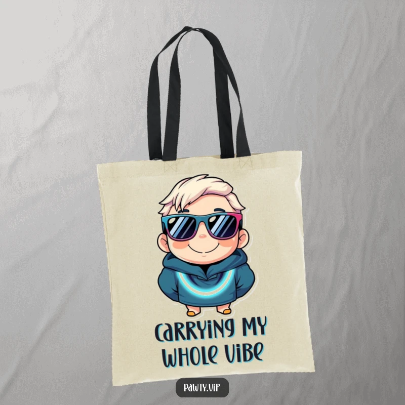Funny tote bag with a smiling character sporting huge sunglasses and a dazzling neon necklace, ready to carry your day.
