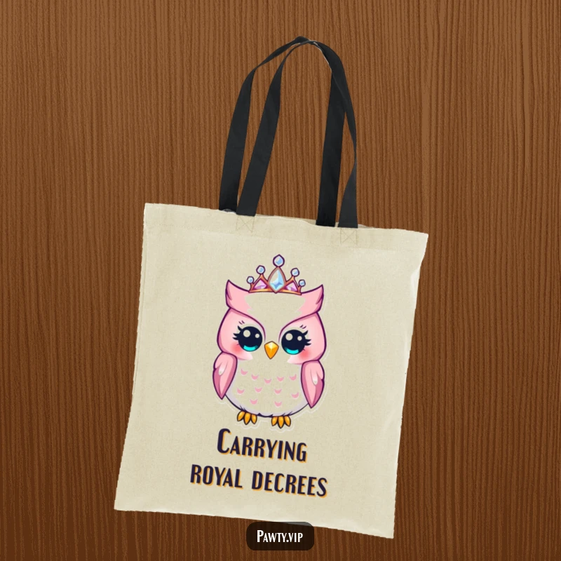 Funny Owl Tote Bag: A delighted owl wearing a jeweled tiara, a humorous and stylish accessory for everyday elegance.