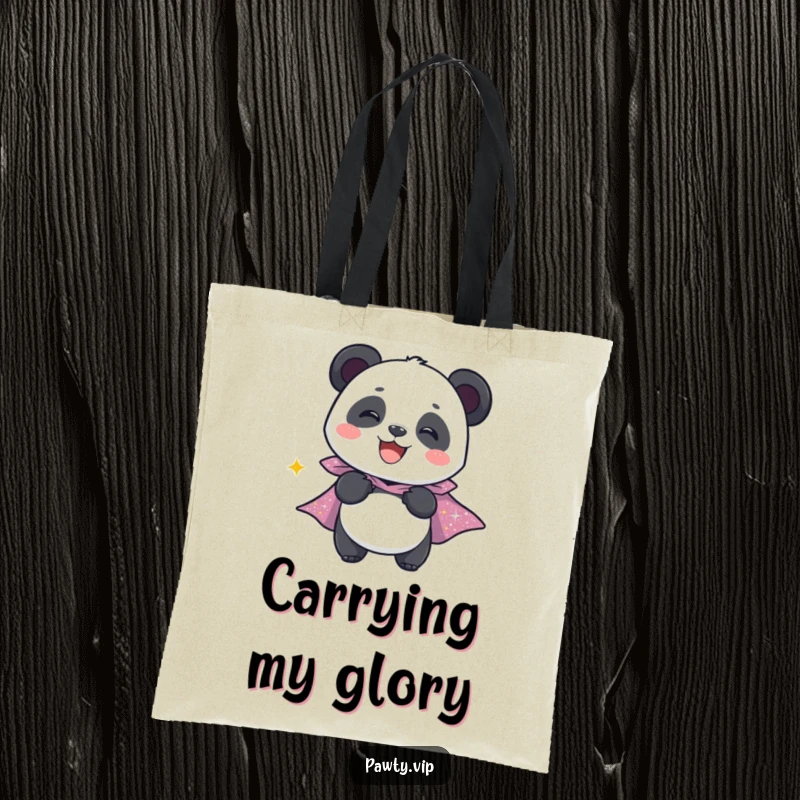 Funny tote bag depicting a giggling panda character wearing a sparkly cape, perfect for carrying heroic essentials.
