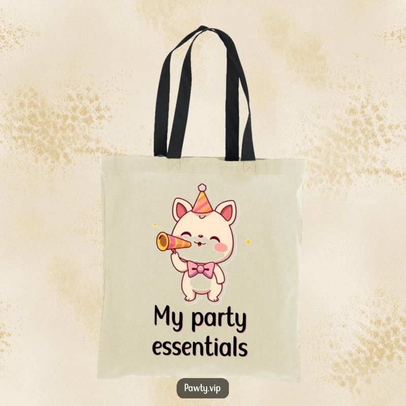 Funny tote bag with a playful creature in a bowtie blowing a party horn, ready for any festivity.