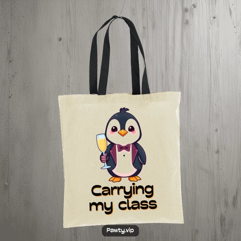 Funny penguin tote bag, a stylish tote with a penguin in a tuxedo holding a champagne flute.